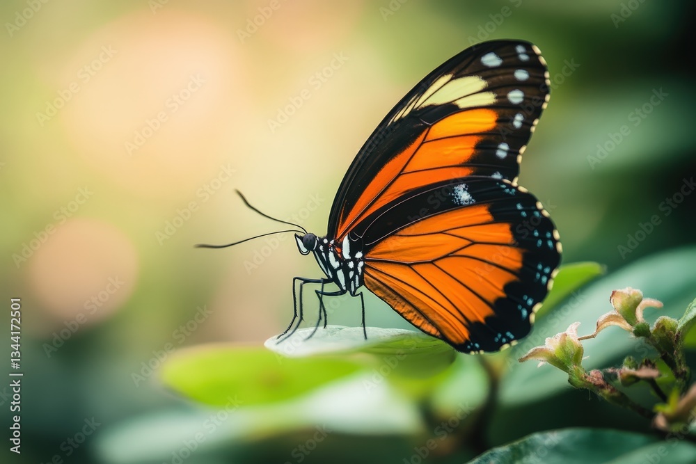 Fototapeta premium A beautiful butterfly resting delicately on a green leaf gracefully