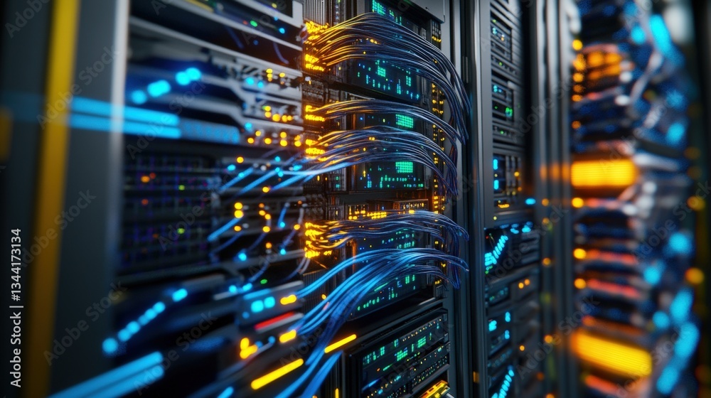 Close-up view of a server rack filled with interconnected servers featu glowing blue and orange cables forming a complex networking environment Close-up view of a server rack filled with interconnected servers featu glowing blue and orange cables forming a complex networking environment