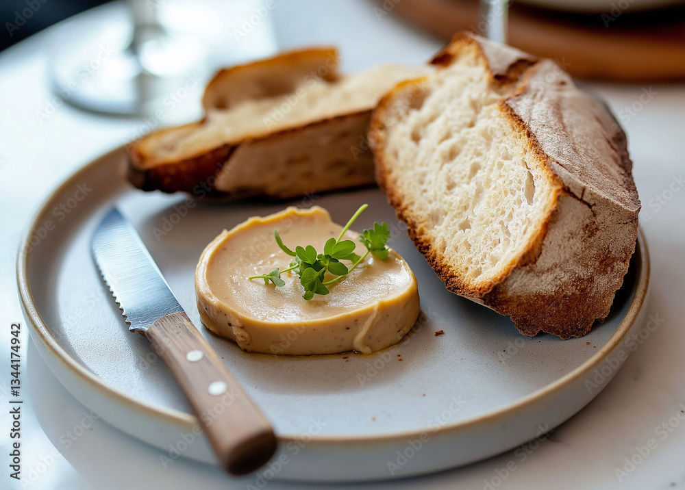 Delicious Chicken Pâté on a Small Plate with Bread & Knife Cozy Kitchen Setting Gourmet Food Photography High-Resolution Stock Image for Culinary & Dining Themes Delicious Chicken Pâté on a Small Plate with Bread & Knife Cozy Kitchen Setting Gourmet Food Photography High-Resolution Stock Image for Culinary & Dining Themes