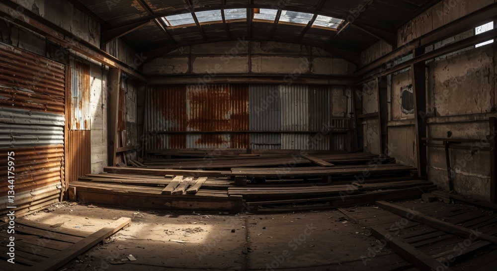 Explore the Intriguing Atmosphere of an Abandoned Warehouse with Rusted Metal Walls and Wooden Floors, Ideal for Industrial Photography Enthusiasts. Explore the Intriguing Atmosphere of an Abandoned Warehouse with Rusted Metal Walls and Wooden Floors, Ideal for Industrial Photography Enthusiasts.