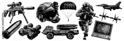 Set of Military war and army halftone grunge vector design elements