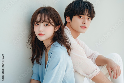 かわいい女性とハンサムな男性。若い男女のカップル。友達、パートナー、恋人、結婚、新婚イメージ。