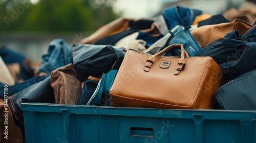 A brown leather bag resting atop a pile of discarded clothing in a dumpster, surrounded by nature