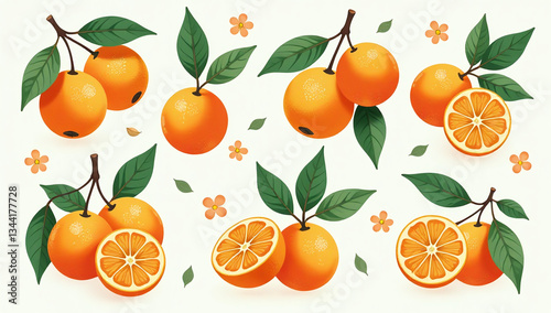 oranges set leafy branches flowers ideal summer patterns designs various mediums like paper fabric
