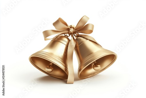 Two elegant gold bells adorned with a soft beige ribbon, symbolizing celebration and harmony.