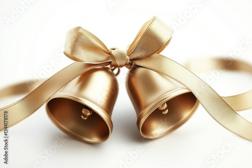Elegant golden wedding bells adorned with a satin ribbon, symbolizing love and celebration.
