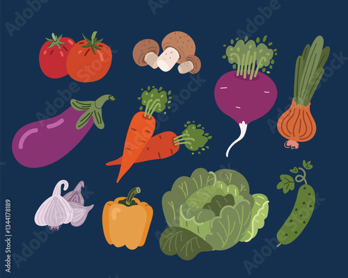 Cartoon vector illustration of a vibrant vegetable medley, symbolizing nature's bounty and the colorful palette of healthy living