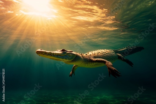 American crocodile swimming underwater in sunlit tropical waters