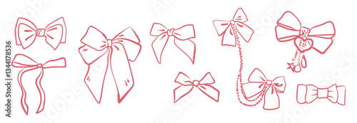 Set of cute coquette vintage bows and ribbons. Hand drawn girly decorations in doodle style. Vector stickers for invitation, scrapbooking, postcard or personal secret diary.