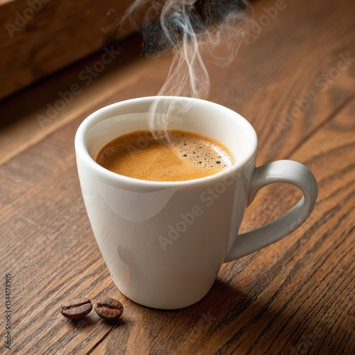 Fresh brewed coffee in a white mug, steaming hot beverage, with coffee beans, with copy space