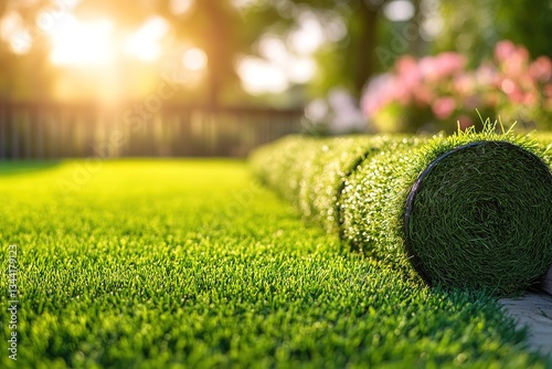 Lush Green Artificial Turf Roll in Sunny Backyard Landscape