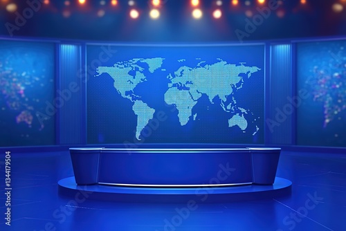 Modern Blue News Studio Set Design with World Map Background for Broadcast