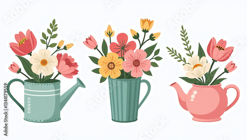 bouquets flowers watering cup teapot spring holidays women day easter mother day perfect card poster flower
