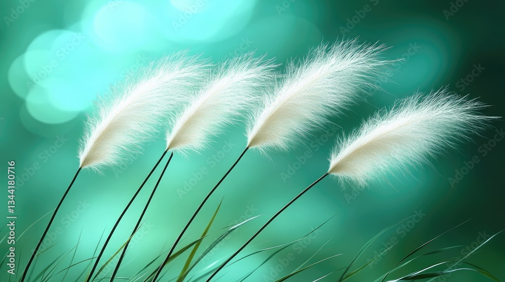 Naklejka premium White Grass Flowers in Teal Background
