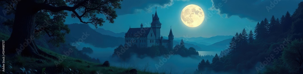 The full moon casts an ethereal glow on a serene and peaceful forest near a ancient castle, serenity, night The full moon casts an ethereal glow on a serene and peaceful forest near a ancient castle, serenity, night