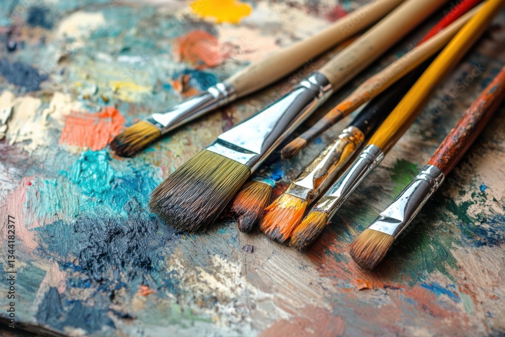 Fototapeta premium Paintbrushes and palette on table with natural light and copy space on right