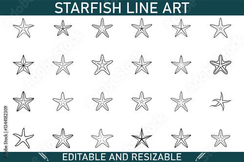 Editable Starfish Line Art TwentyFour Designs, Resizable, Vector