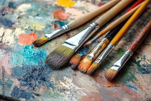 Paintbrushes and palette on table with natural light and copy space on right