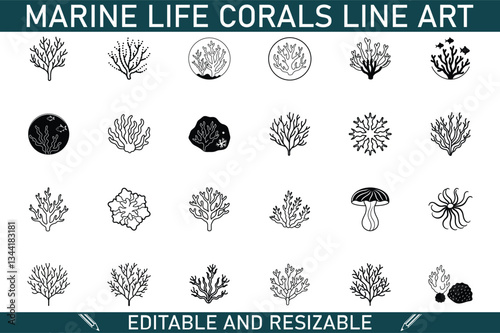 Editable Marine Life Coral Line Art Designs Collection Set