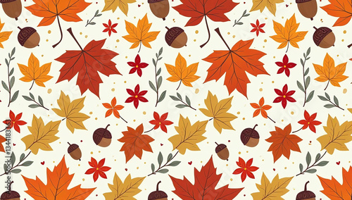 seamless autumn pattern colorful leaves acorns berries flowers fall seasonal print hand drawn vector