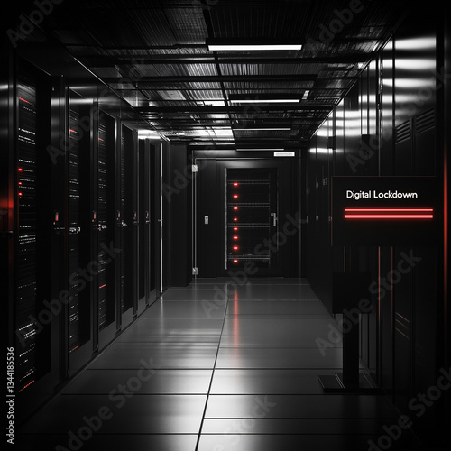 Cybersecurity: Dark Server Room, Digital Lockdown, Data Protection, Network Security, High-Tech     
