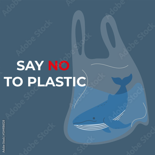 Say No to plastic – Environmental awareness illustration showing a whale trapped in a plastic bag. Promoting ocean protection and reducing plastic pollution