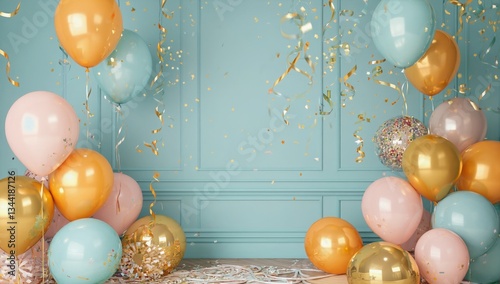 Elegant pastel balloon celebration backdrop.