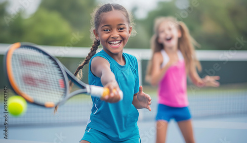 Happy Girls Playing Tennis Outdoors, Summer Fun, Active Kids