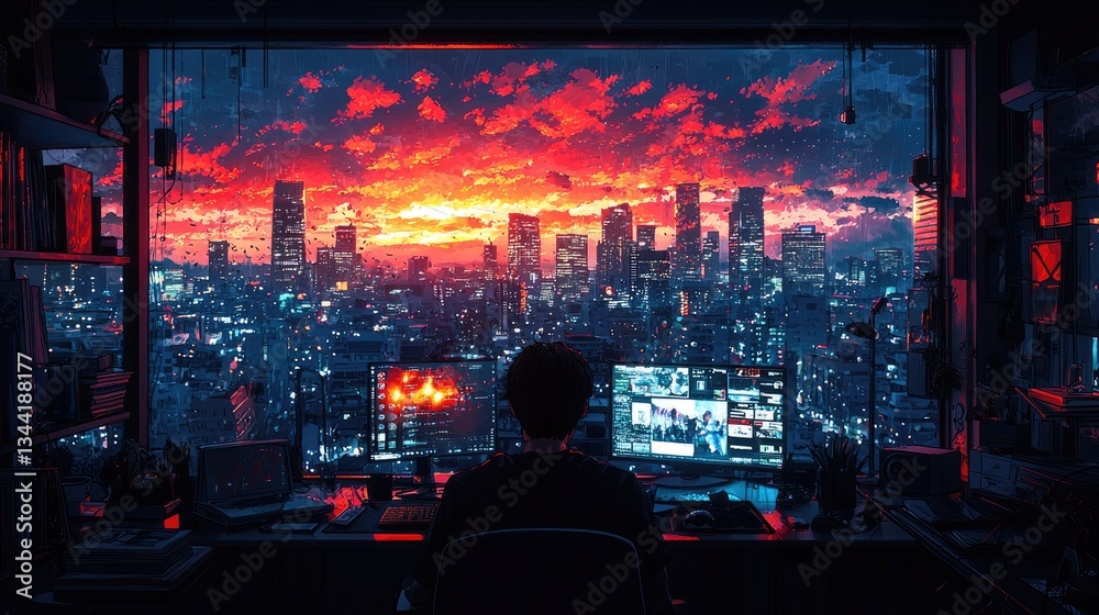 Person working at multiple screens overlooking a vibrant city skyline at sunset Person working at multiple screens overlooking a vibrant city skyline at sunset