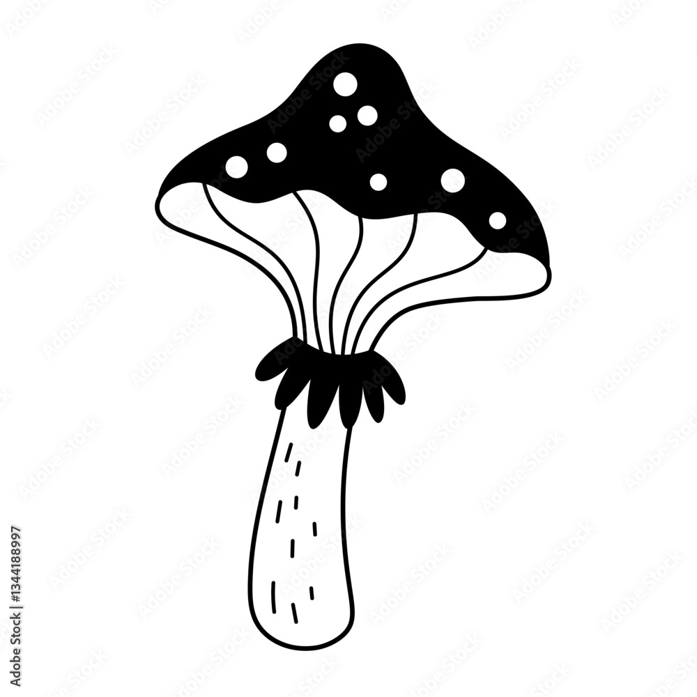 Black and white retro groovy mushroom clipart, boho mushroom, cute hand drawn vector illustration in flat style. Black and white retro groovy mushroom clipart, boho mushroom, cute hand drawn vector illustration in flat style.