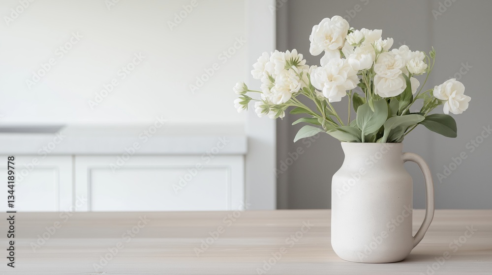 White vase with a bunch of white flowers in it on a wooden table. the vase is made of ceramic and has a handle on the right side. the flowers in the vase are a mix of white roses with green leaves. White vase with a bunch of white flowers in it on a wooden table. the vase is made of ceramic and has a handle on the right side. the flowers in the vase are a mix of white roses with green leaves.