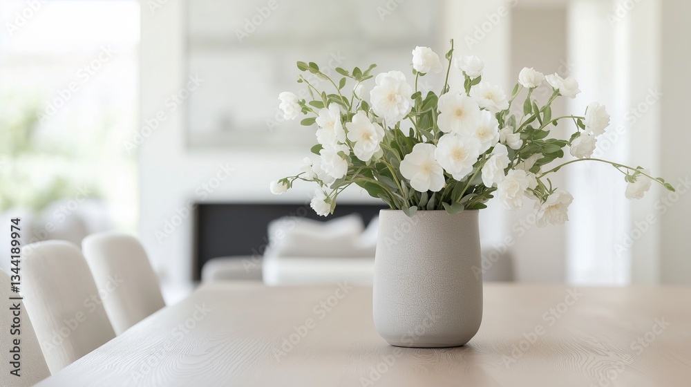 custom made wallpaper toronto digitalVase of white flowers on a wooden table in a dining room. the vase is made of a light-colored material and has a round shape with a wide base.