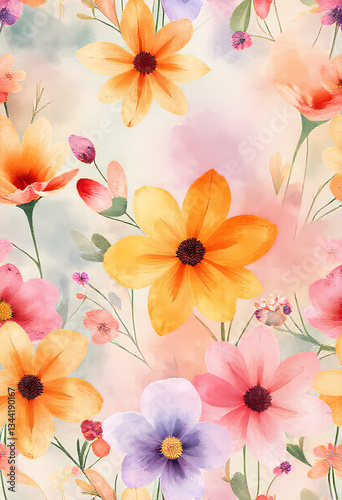 Vibrant Watercolor Floral Pattern Background - Colorful Botanical Design with Orange, Pink & Purple Blossoms