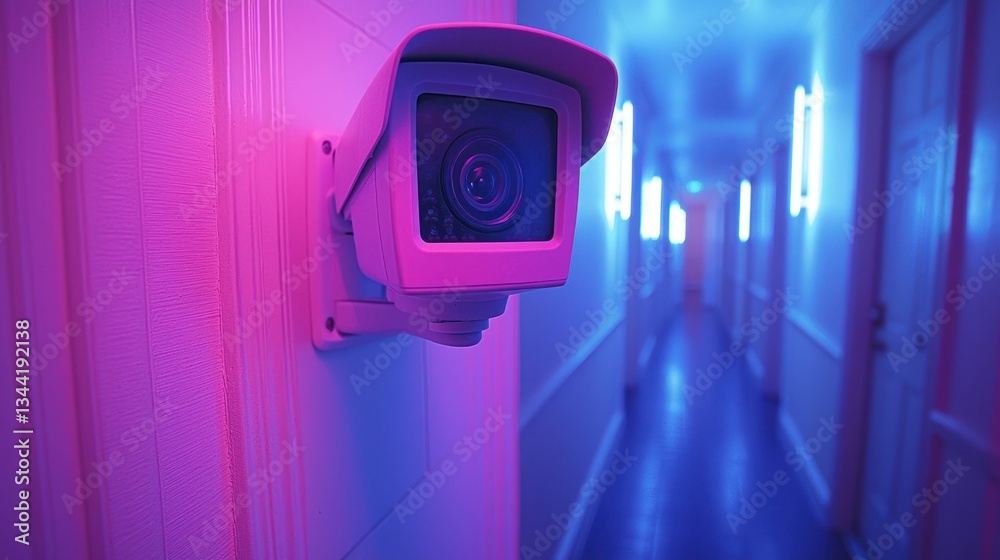 Surveillance camera monitoring hallway with modern lighting and security Surveillance camera monitoring hallway with modern lighting and security