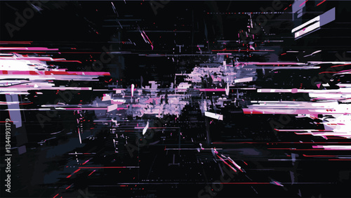 Vector Futuristic Cyberpunk Glitch Screen with Pixelated Digital Noise, Broken Data Patterns, and Abstract Matrix Distortion