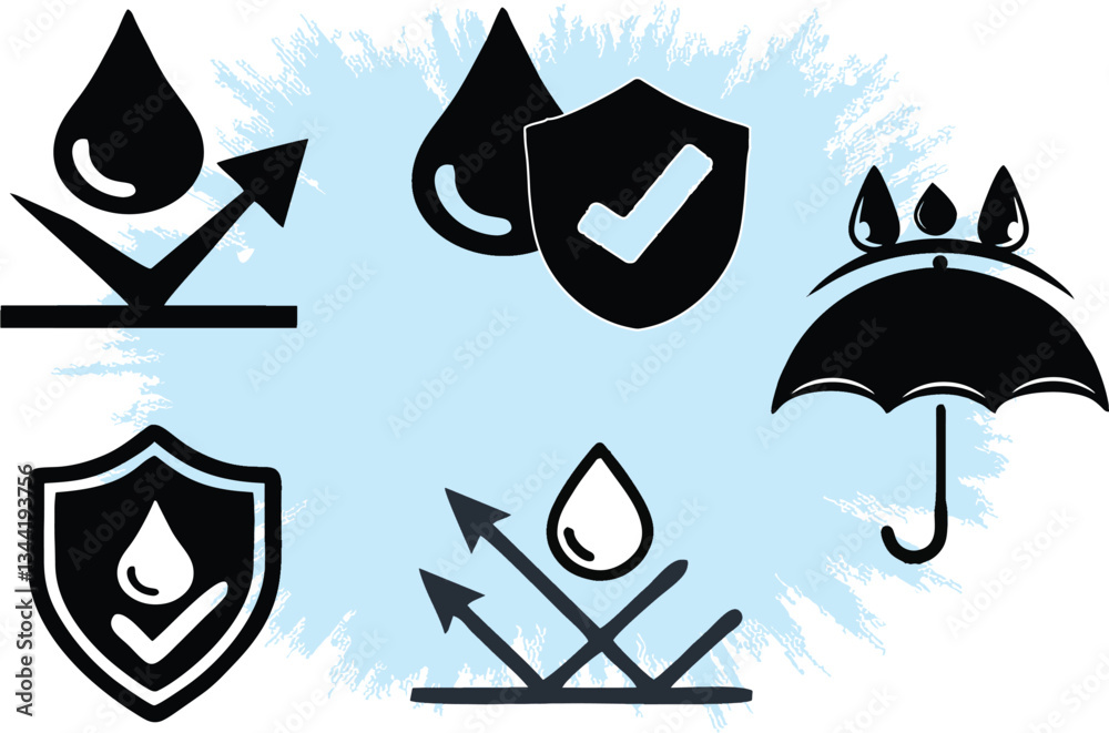 Waterproof icons set. Protection from water and Liquid protection signs for printing on packing. Water resistant symbols. Waterproof icons set. Protection from water and Liquid protection signs for printing on packing. Water resistant symbols.