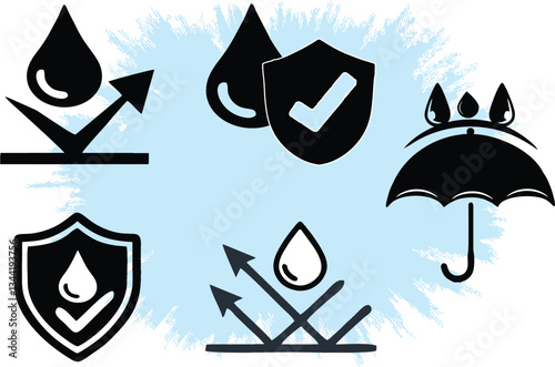Waterproof icons set. Protection from water and Liquid protection signs for printing on packing. Water resistant symbols.