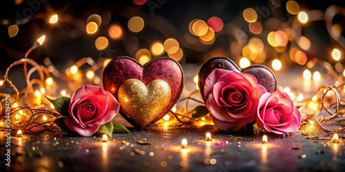 Miniature Romantic Hearts with Roses & Sparkling Lights - Tilt-Shift Photography