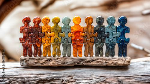 Personnages en pierres imbriqués en puzzle sur du bois