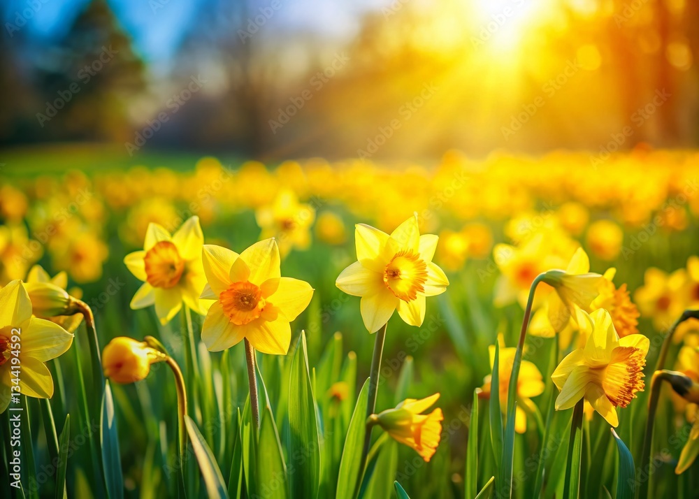 Miniature Spring Meadow: Vibrant Yellow Daffodils in a Lush Green Field Miniature Spring Meadow: Vibrant Yellow Daffodils in a Lush Green Field