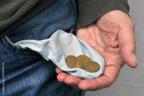 Concept de pauvreté avec une main vidant la poche de son jeans avec quelques pièces de monnaie en euro