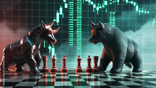 Dramatic chess battle between bull and bear characters on a modern trading board at night