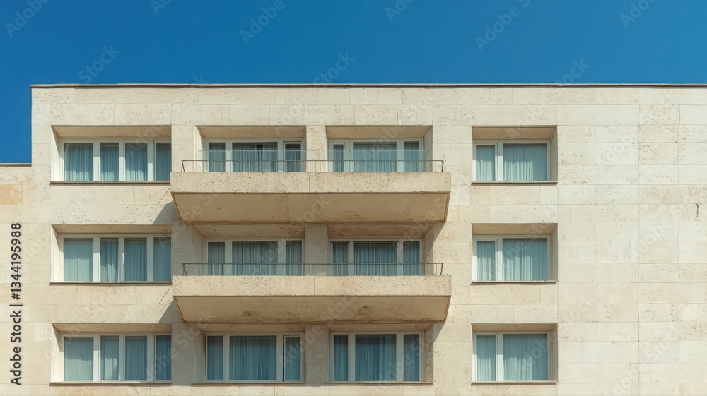 Beige Building Exterior with Balconies Under a Clear Blue Sky