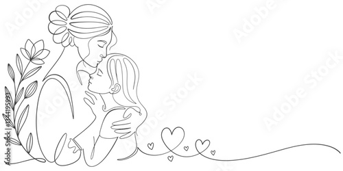 Mother hugs baby line art style vector illustration, mothers day celebration illustration