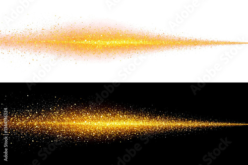 Golden glitter particles against a completely transparent background, with a slightly concentrated area of glitter in the center