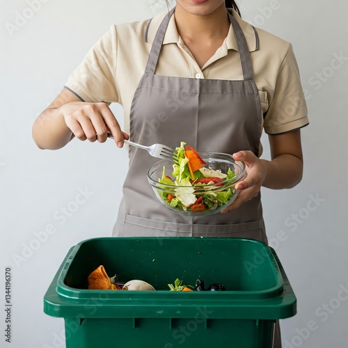 Compost from leftover food asian young housekeeper woman, female hand holding salad bowl use fork scraping waste, rotten vegetable throwing away into garbage, trash or bin. Environmentally responsible photo