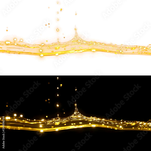 A high-resolution close-up of a golden-yellow liquid, like oil, splashing and flowing across a transparent background, showcasing the dynamic interplay of light