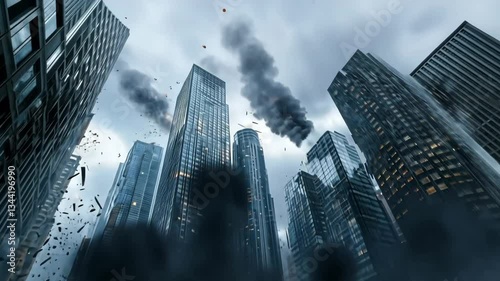 Futuristic artillery fires as city under siege endures explosions and destruction in a dystopian landscape