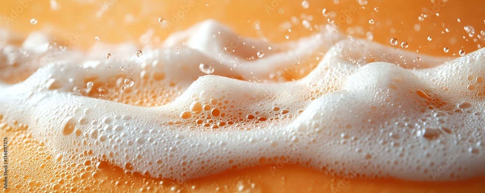 Fototapeta premium Flowing white foam and bubbles on orange liquid surface creates dynamic texture with splashing droplets and frothy waves in macro photography.