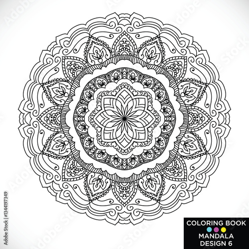 Mandala Round floral ornament isolated on white background Decorative design element Black and white outline vector illustration for coloring book print on Tshirt and other items